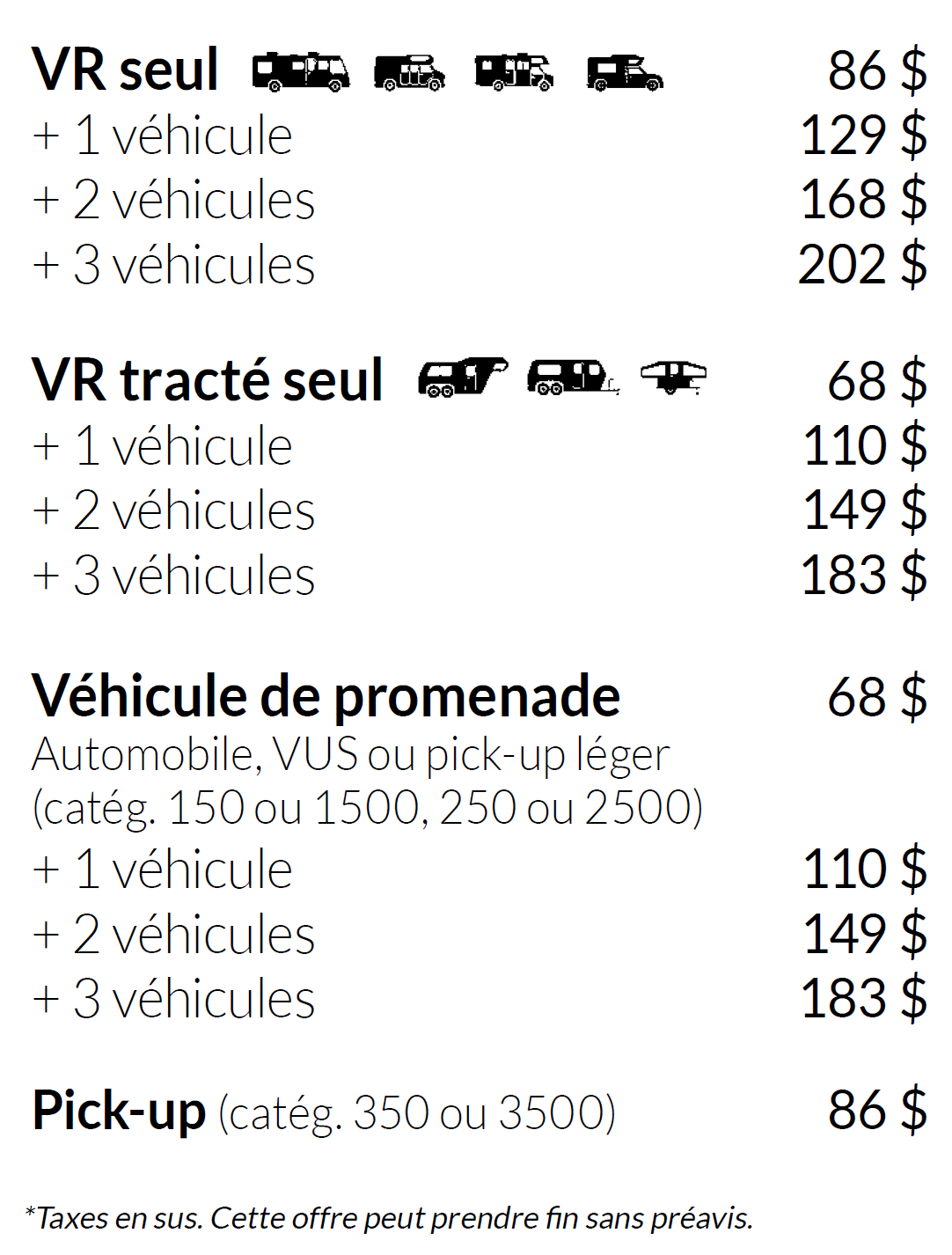Tarifs 2025 Assistance routière FQCC