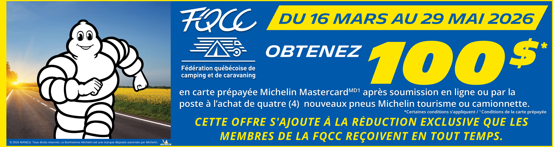 Du 16 mars au 29 mai 2026, combinez l’offre printanière Michelin à la réduction FQCC et économisez encore plus!
